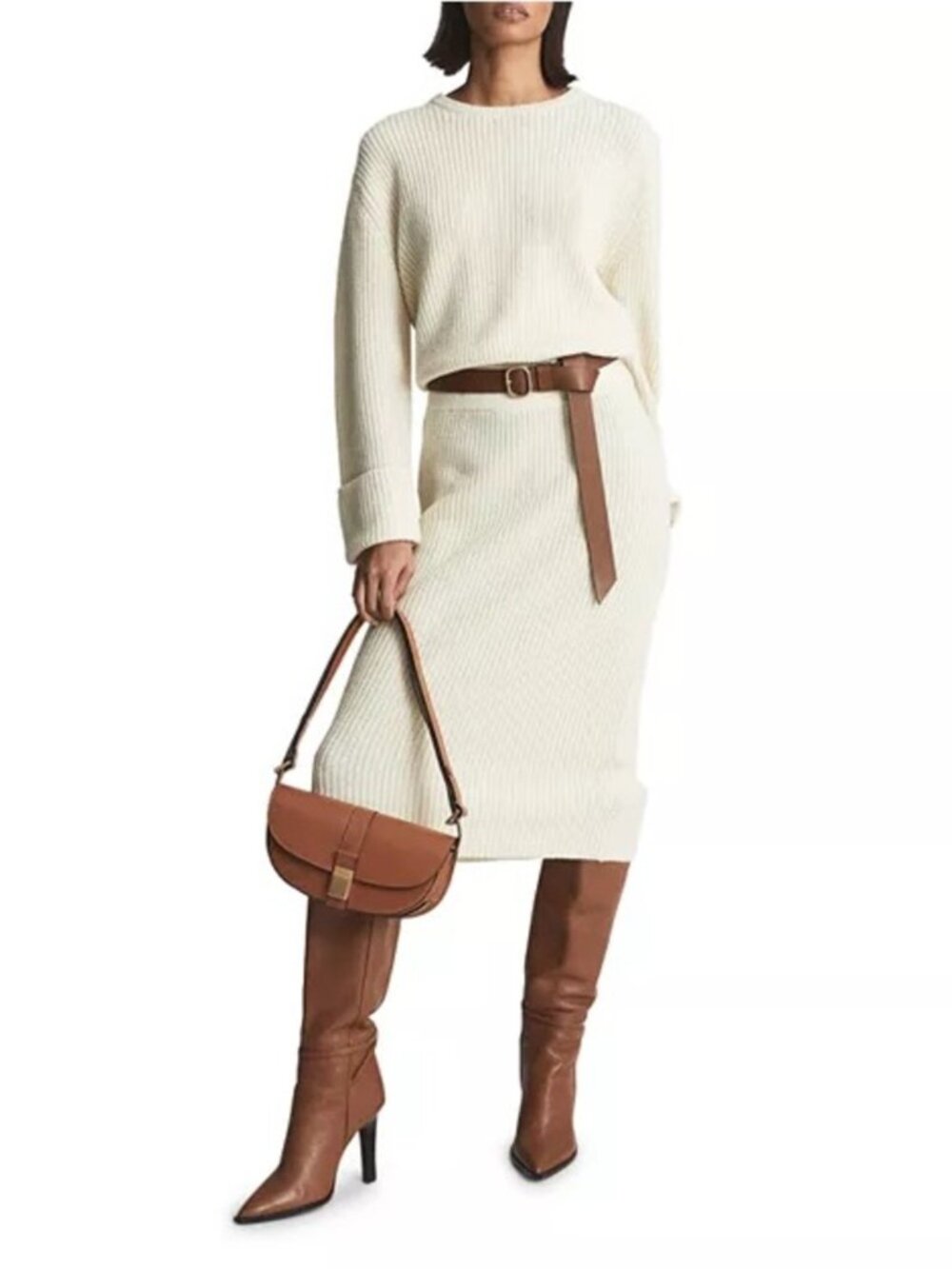 Reiss Jodie Knitted Wool Cashmere Blend Cream Long Sleeve Midi Sweater Dress